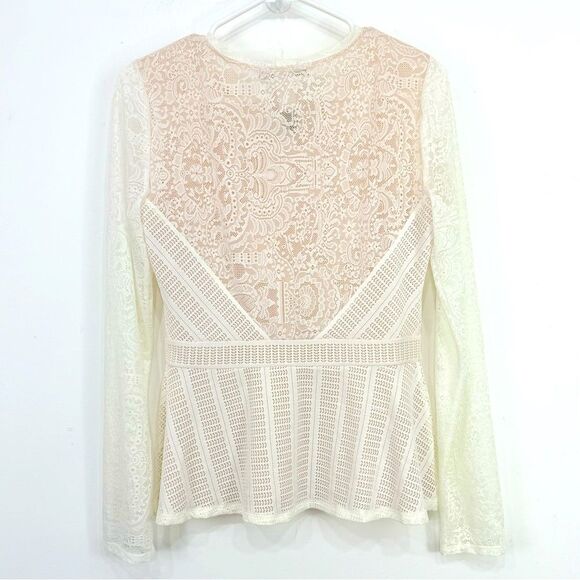 BCBGMaxazria Ivory Lace Long Sleeve Peplum Pullover Shirt - Picture 11 of 16